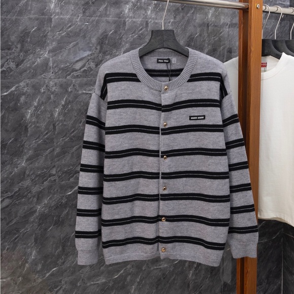 Miu Miu Gray and Black Striped Long Sleeve Top - Picture 1 of 9